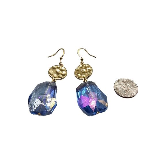 Pierced Earrings Blue Crystal AB Coated Hammered Coin Dangle Gold Tone Jewelry - Picture 6 of 6